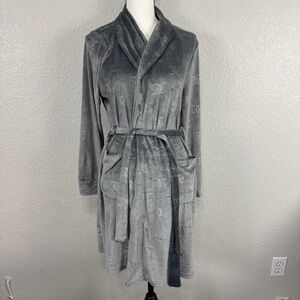 Juicy Couture Charcoal Plush Robe Velvet Gray Logo‎ S/M Collard Pockets #cc